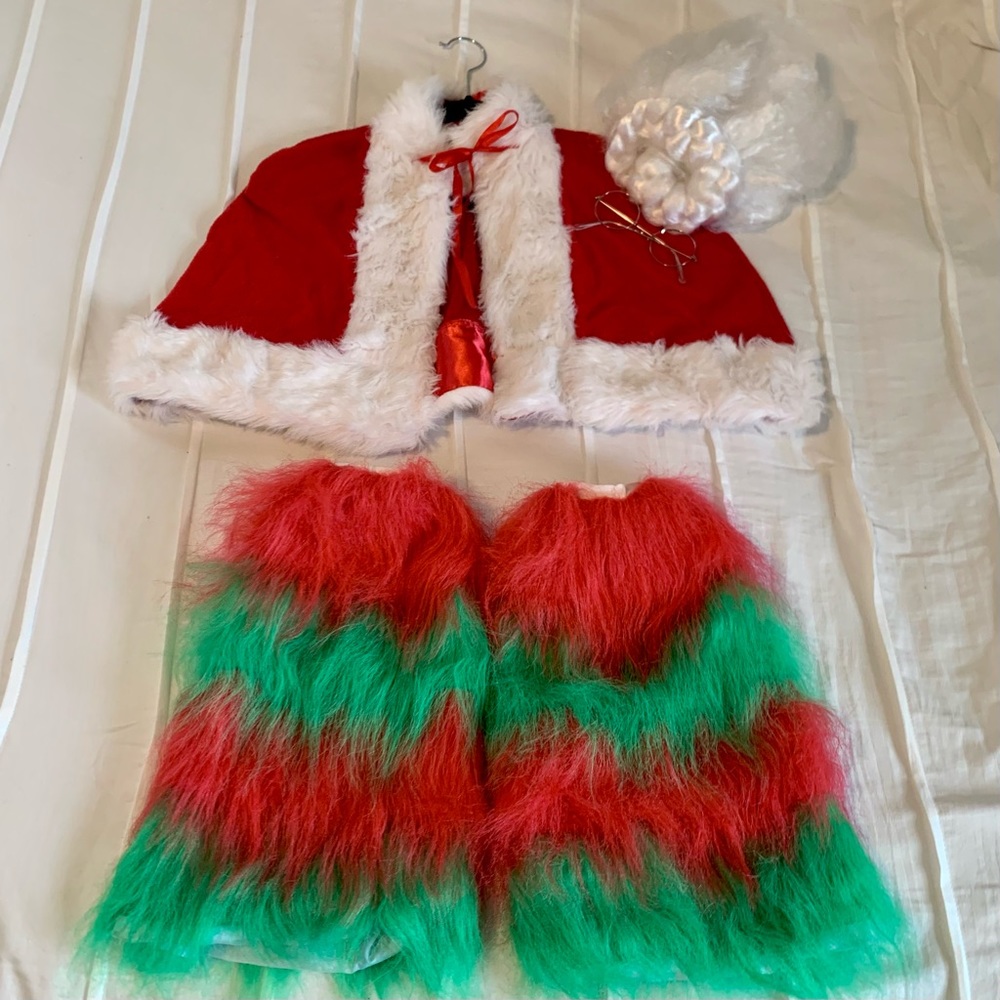 Mrs. Claus / Elf / Christmas / Costume pieces.  Leg warmers, wig, glasses, cape